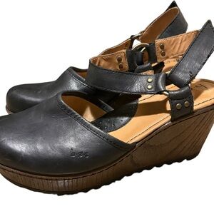 B.O.C. Black Rina Leather Ankle Strap Mule Wedge Heel Clogs - Size 9